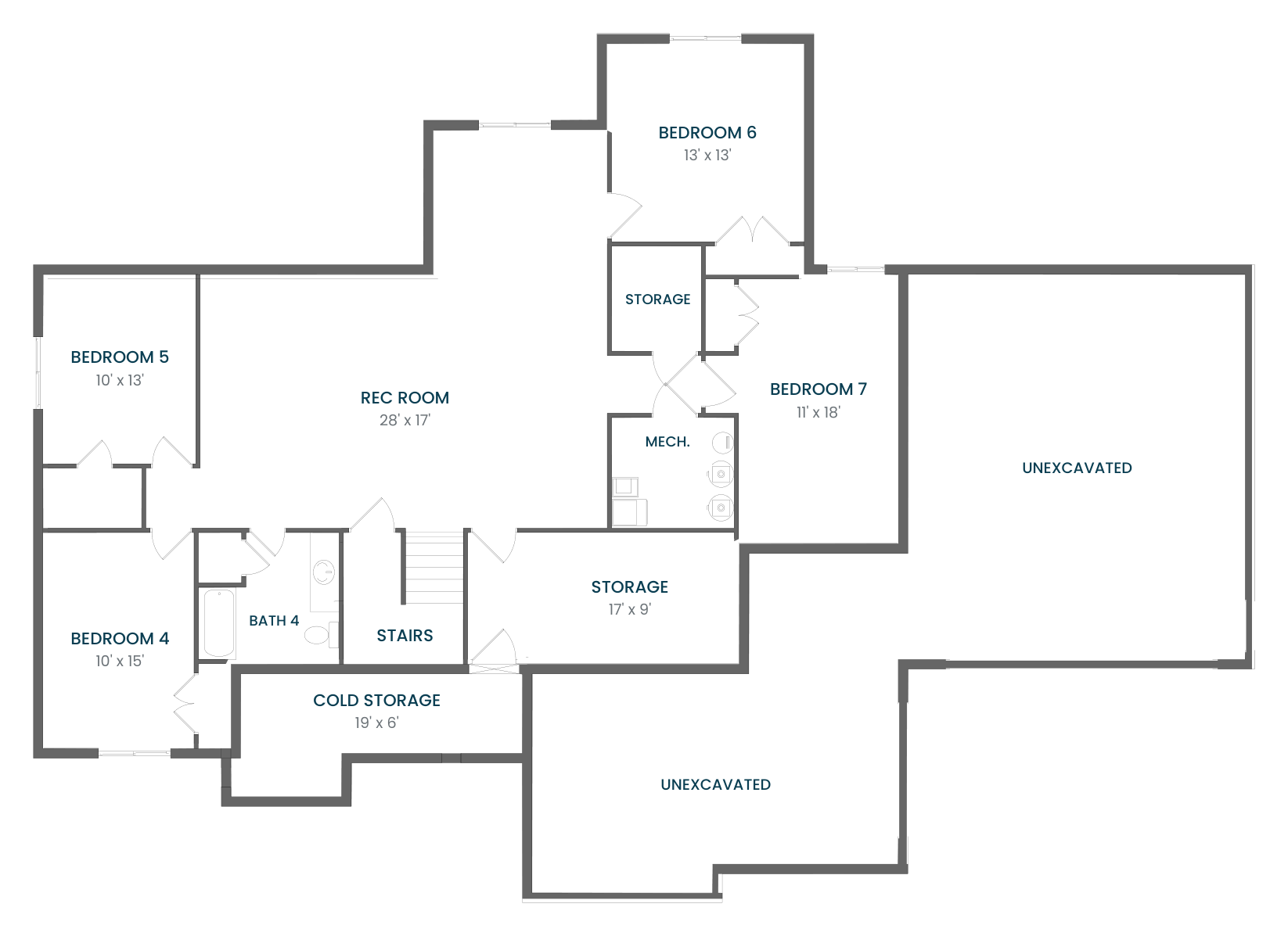 The Sterling Finished Basement floor plan with room names and dimensions
