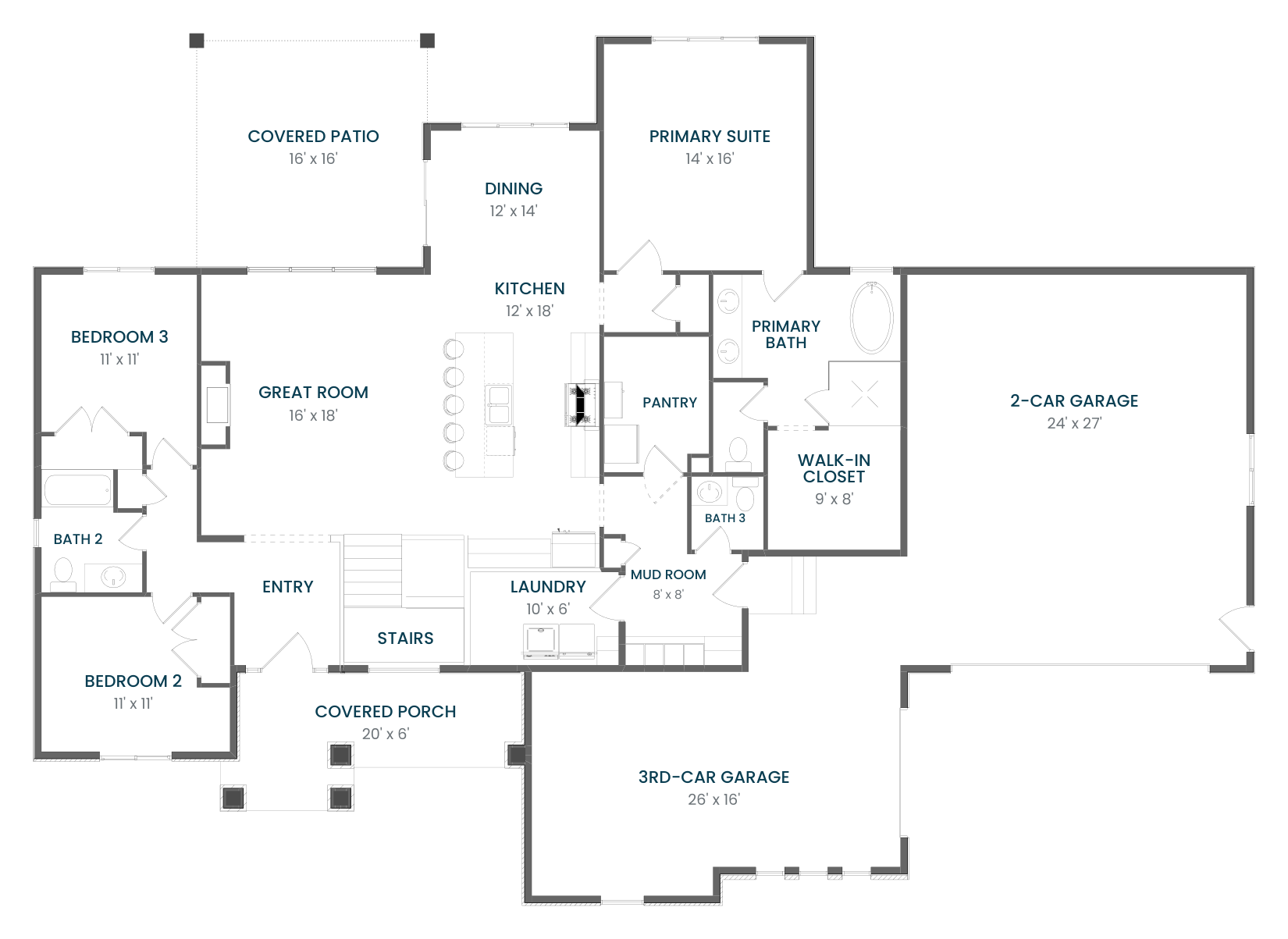 The Sterling Main Level floor plan with room names and dimensions