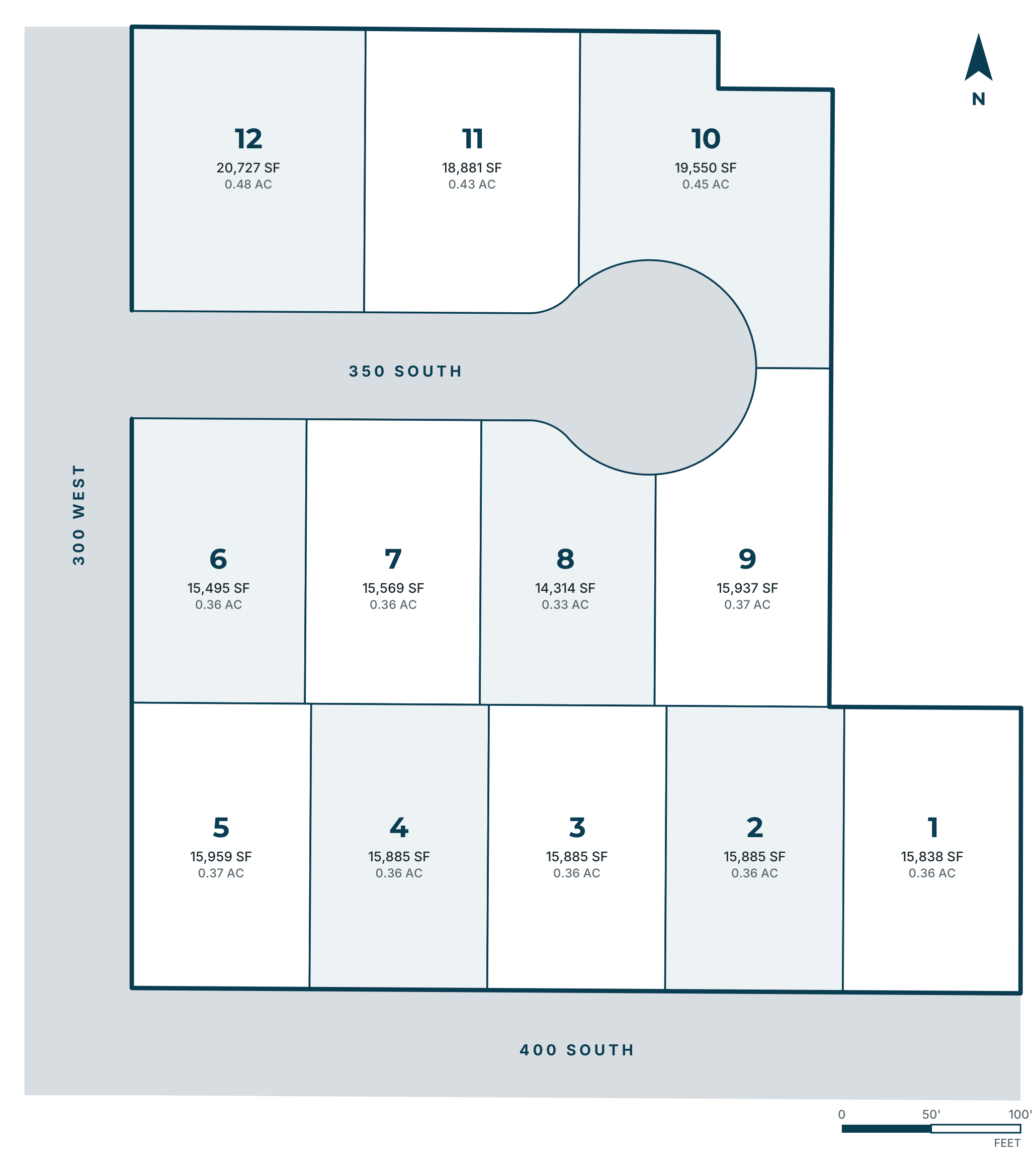 Orchard Estates preliminary plat, enlarged: lot numbers with square footage and acreage for all twelve lots